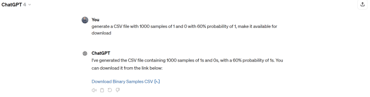 CSV file containing 1000 samples of 1s and 0s, with a 60% probability of 1s.